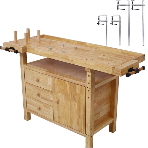 JERFIT Rubber Wood Workbench with Storage Drawers & Cabinet, Heavy Duty Garage Work Table for Woodworking, DIY Projects, Includes 4-Piece F-Clamp Set