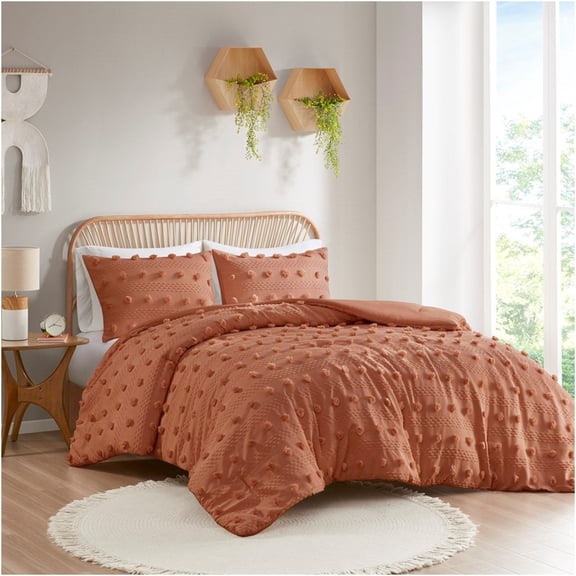 JERFIT Rust Jacquard Comforter Set with Pom Poms, Twin/Twin XL Size, Hypoallergenic & Antimicrobial Bedding, Machine Washable