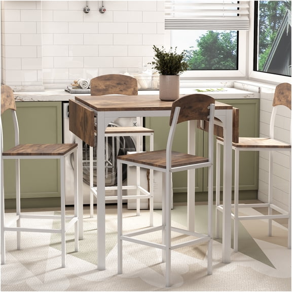 JERFIT Rustic Brown Drop Leaf Counter Height Dining Table Set with 4 Chairs, Farmhouse Kitchen Table for Small Spaces