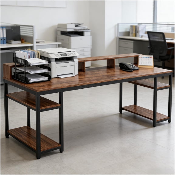 JERFIT Rustic Brown Two Person Desk, 78.74" Computer Desk with Monitor Stand, Industrial Home Office Desk for Two, Writing Desk with Storage Shelves