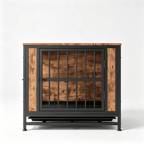 JERFIT Rustic Brown Wooden Dog Crate Furniture with Double Doors, Removable Tray & Cushion, Indoor Pet Kennel House End Table for Small Dogs