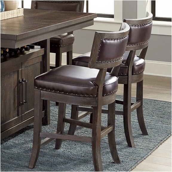 JERFIT Rustic Counter Height Dining Chairs Set of 2, Distressed Brown Faux Leather Upholstered Seats with Nailhead Trim and Wood Frame for Kitchen Island Bistro Cafe