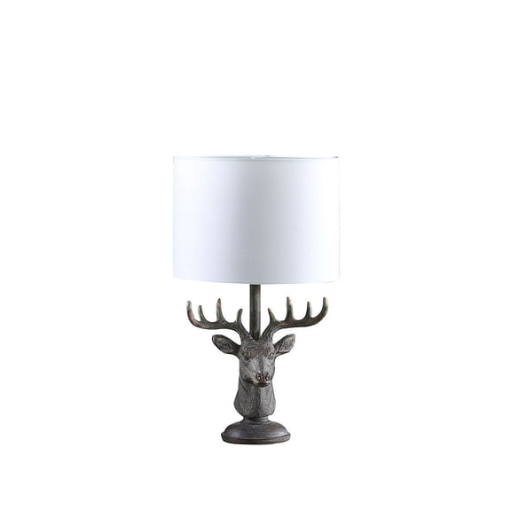 JERFIT Rustic Elk Head Table Lamp with Drum Shade, Gray Polyresin Antique Bronze Finish, Inline On/Off Switch, No Harp Required