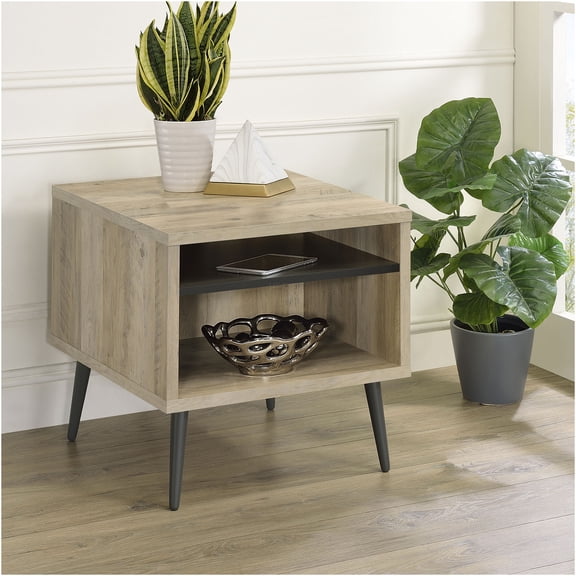 JERFIT Rustic End Table with Open Shelves, Dark Green Black Distressed Finish Square Nightstand for Living Room, Bedroom