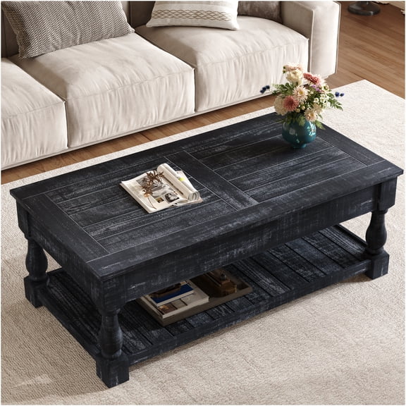 JERFIT Rustic Farmhouse Lift Top Coffee Table with Storage Shelf & Hidden Compartments, Antique Black Finish, Solid Wood Console Table for Living Room