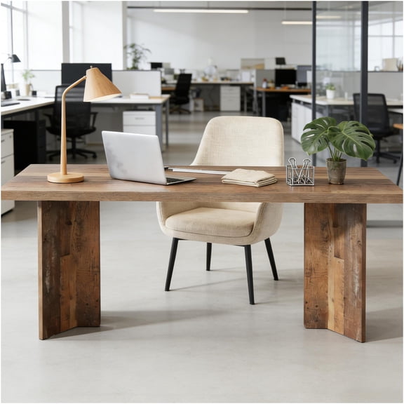 JERFIT Rustic Farmhouse Writing Desk, Distressed Brown Executive Office Desk, Large Computer Desk with Sturdy MDF Top for Home Office