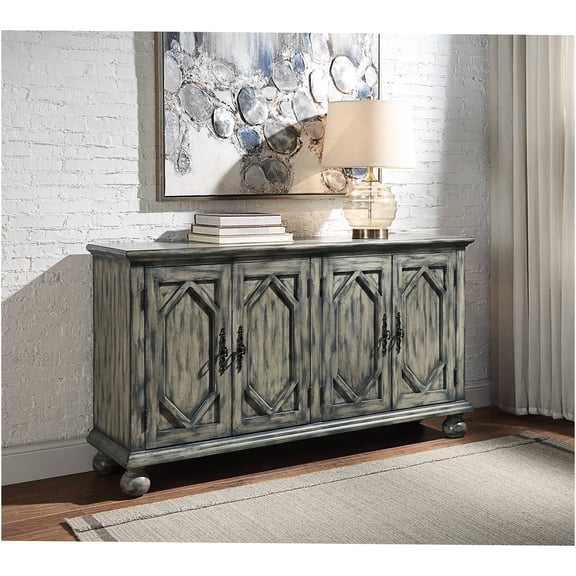 JERFIT Rustic Gray Console Table with Storage Cabinets, Farmhouse Sofa Table with 4 Shelves, Entryway Hallway Organizer