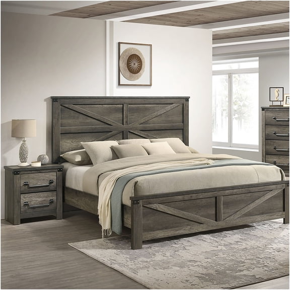 JERFIT Rustic Gray King Bedroom Set with 2 Nightstands, Farmhouse Headboard, Metal Accents for Modern Bedroom