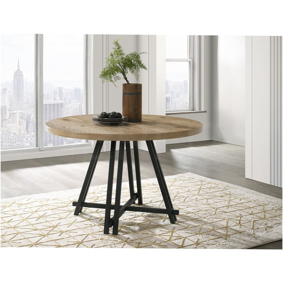 JERFIT Rustic Modern Round Dining Table with Metal Cross Base, Distressed Oak Finish