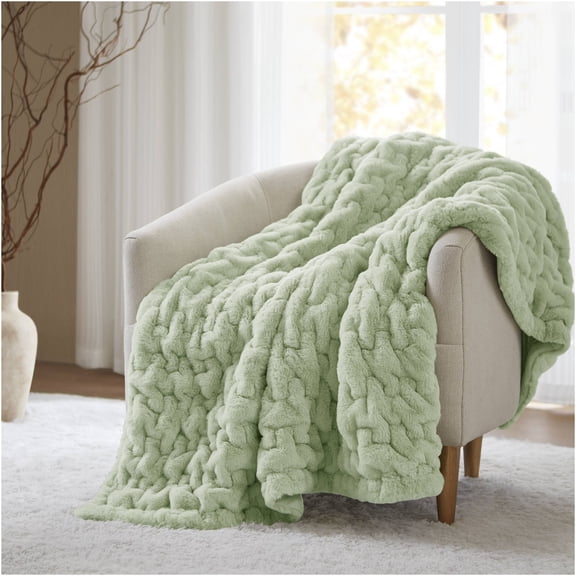 JERFIT Sage Green Faux Fur Throw Blanket, Plush Ruched and Faux Mink Reversible Design, 50x60 Inch Luxe Accent Throw for Couch, Bed, or Decor