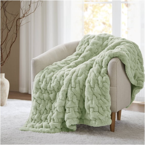 JERFIT Sage Green Faux Fur Throw Blanket, Plush Ruched and Faux Mink Reversible Design, 50x60 Inch Luxe Accent Throw for Couch, Bed, or Decor