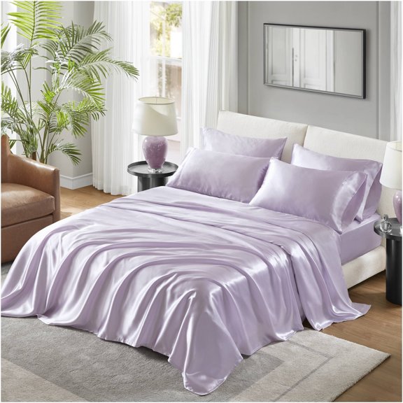 JERFIT Satin California King Sheet Set - Lilac, 6-Piece Wrinkle Free Bedding with Deep Pockets, OEKO-TEX Certified Polyester Satin Sheets for Hair & Skin Care