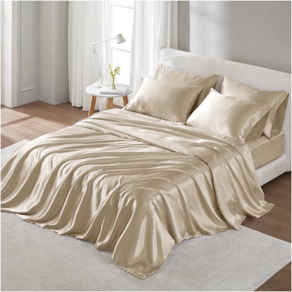 JERFIT Satin Sheet Set California King Size, Champagne Luxury Bedding Set with Deep Pockets, Wrinkle Free & Hair Friendly Polyester Sheets