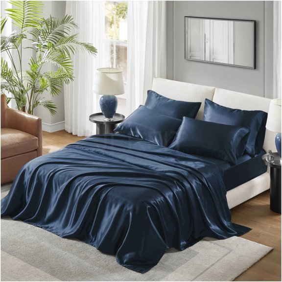 JERFIT Satin Sheet Set Full, Dark Blue Silky Bed Sheets 4PC, Wrinkle Free Polyester Fabric, Deep Pockets for 16" Mattress, Hair & Skin Friendly