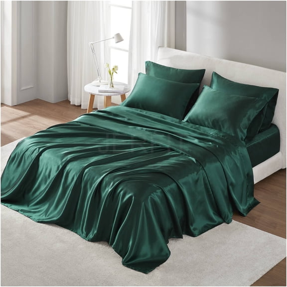 JERFIT Satin Sheets Set Full, Emerald Green Luxury Bedding Set with 4 Pillowcases, Wrinkle Free, Silky Smooth & Hair Friendly Polyester Fabric