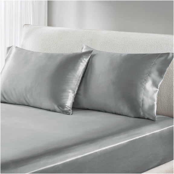 JERFIT Satin Split King Sheet Set, Grey Luxury Bedding, 6 Piece Wrinkle Free Polyester, Deep Pocket Fitted Sheets, OEKO-TEX Certified