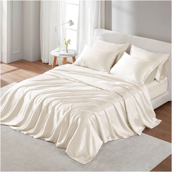 JERFIT Satin Split King Sheet Set, Ivory 6-Piece Luxury Bedding Set with Deep Pockets, Wrinkle Free & Hair Friendly