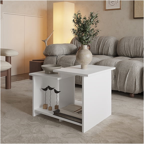 JERFIT Sedalia Modern White Coffee Table with Storage, Engineered Wood Console Table for Living Room, Sofa Table with 2 Shelves