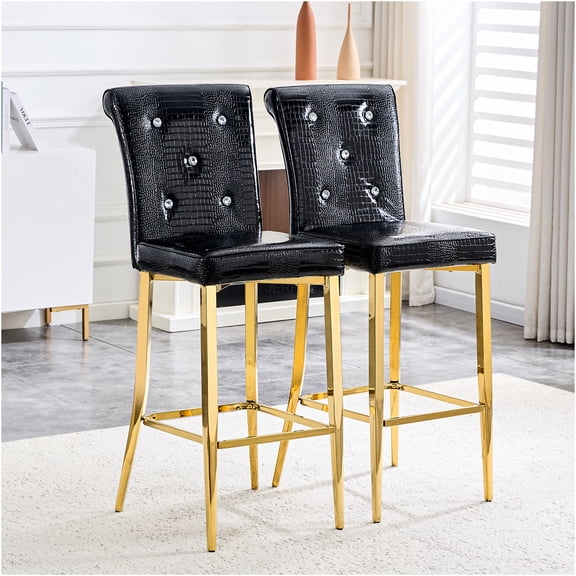 JERFIT Set of 2 Black Faux Alligator Bar Stools with Crystal Buckle Accents, Waterproof PVC Leather Counter Height Stools for Kitchen Island, Dining Room, Home Decor