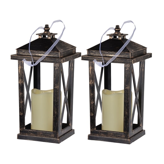 JERFIT Set of 2 LED Candle Lanterns, Antique Black Plastic Outdoor/Indoor Hanging Lights, Battery Operated Flameless Lantern for Patio Garden Porch Decor