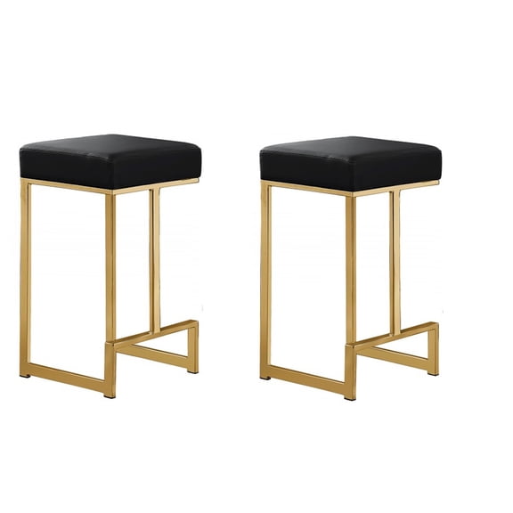 JERFIT Set of 2 Modern Counter Height Bar Stools, Black Faux Leather Backless Stools with Brushed Gold Metal Base, Kitchen Island Stools for Home Decor