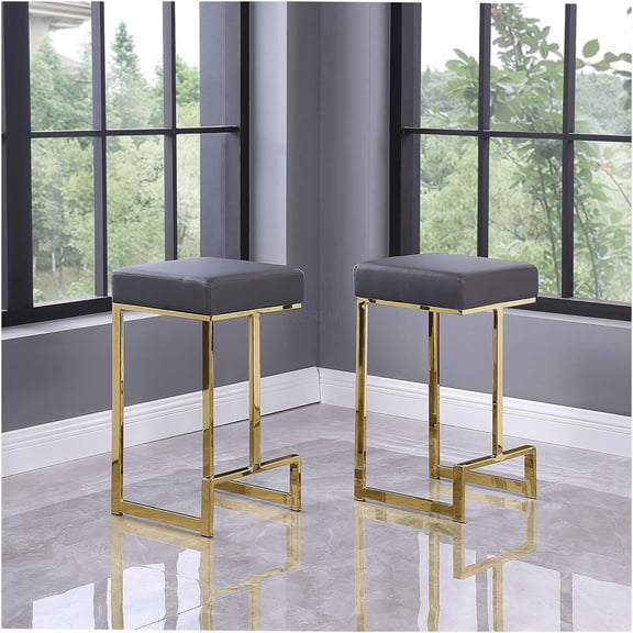 JERFIT Set of 2 Modern Counter Height Bar Stools, Grey Faux Leather Upholstery with Brushed Gold Metal Frame, Backless Sled Design for Kitchen Island, Breakfast Nook