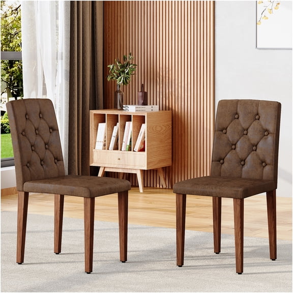 JERFIT Set of 2 Modern Dining Chairs, Brown Fabric Upholstered Side Chairs with Button Tufted Back and Walnut Finish Metal Legs for Kitchen, Restaurant, Cafe