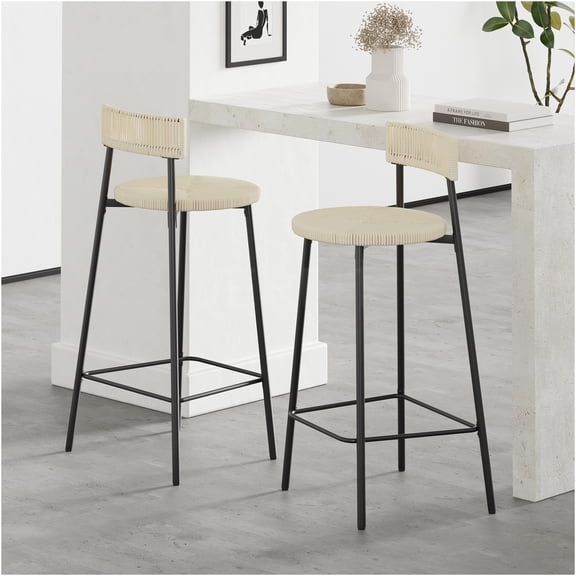 JERFIT Set of 2 Boho Counter Stools with Paper Rope Weave, Creamy White Modern Bar Stools for Kitchen Island, Dining & Pub