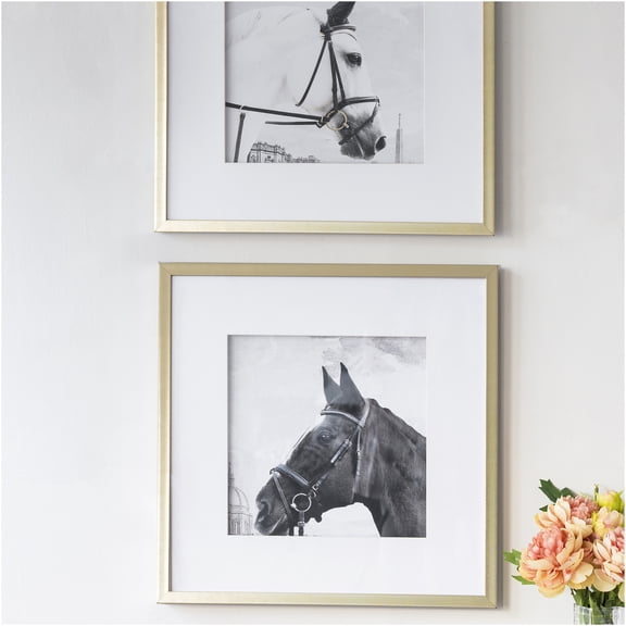 JERFIT Set of 2 Golden White Horse Wall Art Prints, 22x22 Inch Modern Farmhouse Animal Decor, Plastic Frame Canvas Picture for Living Room