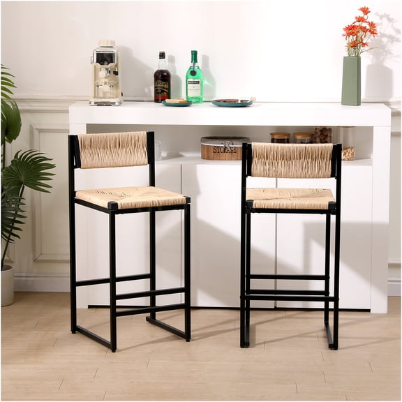 JERFIT Set of 2 Honey Paper Rope Bar Stools with Back, Hand Woven Counter Height Chairs for Kitchen Island, Farmhouse Dining & Home Decor