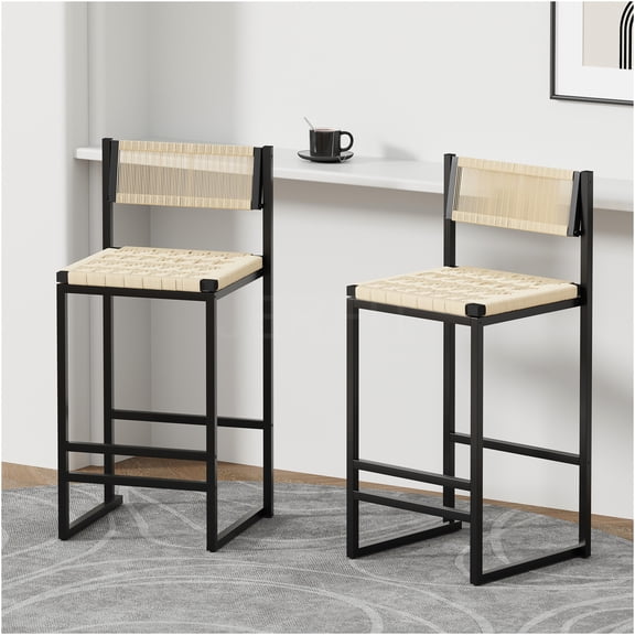 JERFIT Set of 2 Modern Farmhouse Bar Stools with Backrest, Woven Paper Rope Counter Height Chairs for Kitchen Island, Dining Room, Creamy White