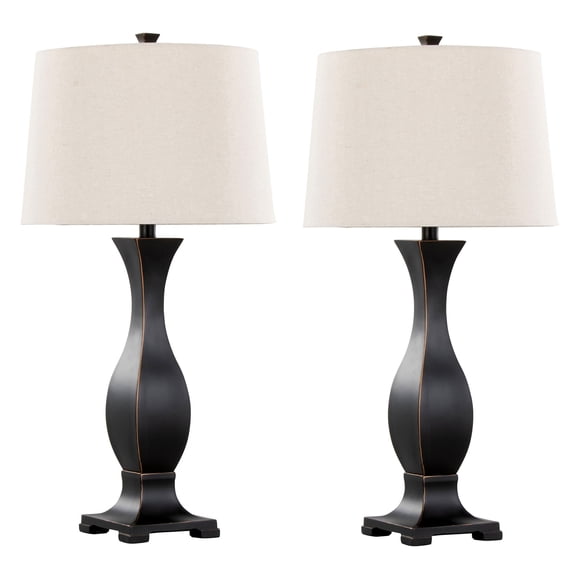 JERFIT Set of 2 Modern Table Lamps with Linen Drum Shades, Oil Rubbed Bronze Finish, Hourglass Design for Bedroom Nightstand or Living Room