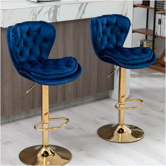 JERFIT Set of 2 Navy Blue Velvet Bar Stools with Swivel and Adjustable Height, Chrome Footrest and Base for Kitchen Island, Dining Counter