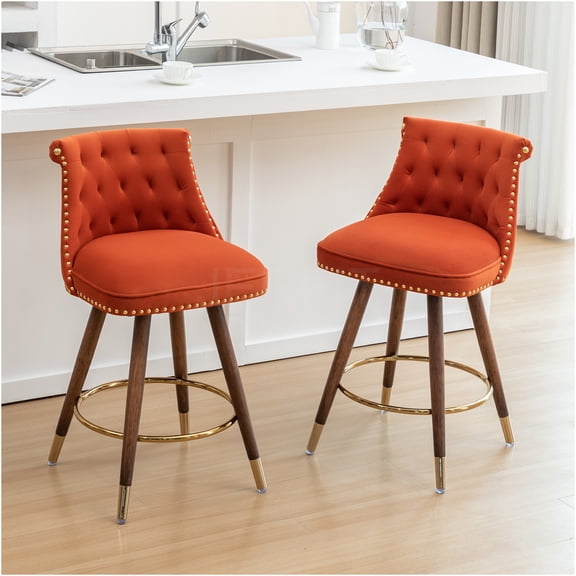 JERFIT Set of 2 Orange Counter Stools with Button Tufted Upholstery and Nailhead Trim for Kitchen Island Bar