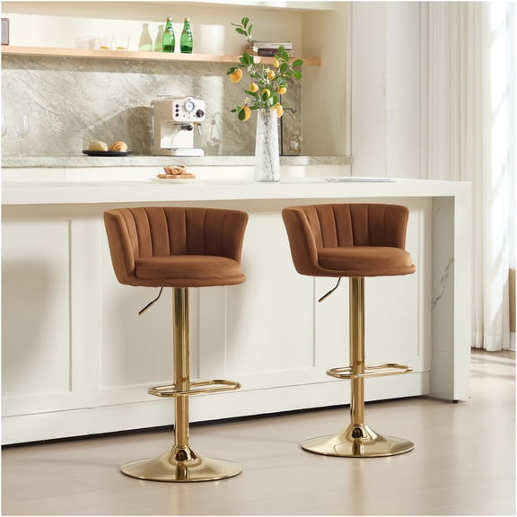 JERFIT Set of 2 Orange Velvet Swivel Bar Stools with Chrome Base, Height Adjustable and 360 Rotation for Kitchen Island, Bar Counter, Dining Room
