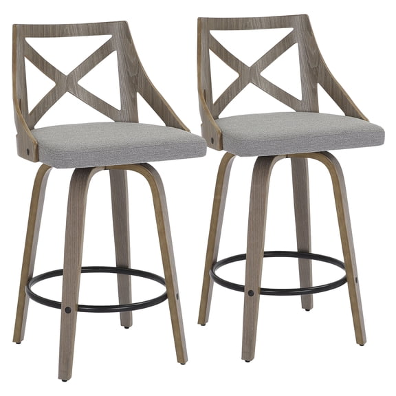 JERFIT Set of 2 Swivel Counter Stools, Farmhouse Kitchen Bar Stools with Cushioned Seat, Light Grey Wood and Grey Fabric Upholstery