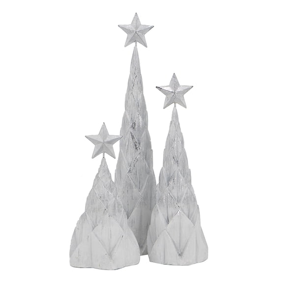 JERFIT Set of 3 Glittering Silver Foil Christmas Trees with Star Toppers, Elegant Polyresin Tabletop Decor for Holiday Home & Table Scaping