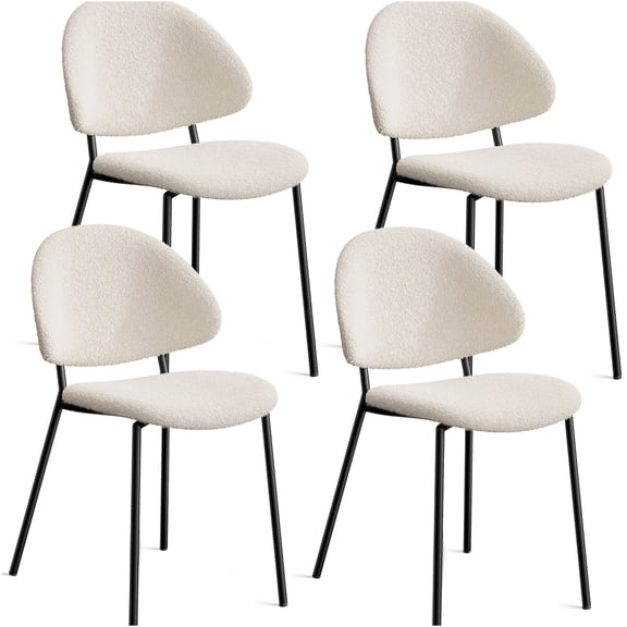 JERFIT Set of 4 Ivory White Boucle Fabric Dining Chairs, Mid-Century Modern Kitchen Chairs with Curved Backrest and Metal Legs for Dining Room