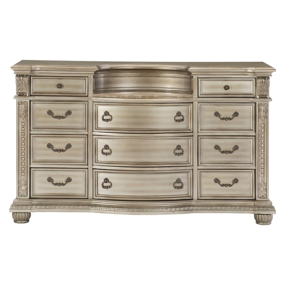 JERFIT Silver 11-Drawer Dresser with Genuine Marble Top, European Traditional Bedroom Chest, No Assembly Required