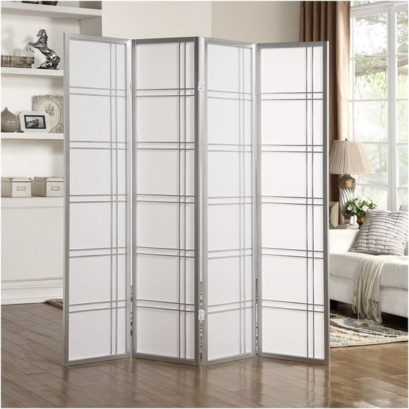 JERFIT Silver 4-Panel Folding Privacy Screen, Modern Room Divider with Wood Frame for Home & Office Decor