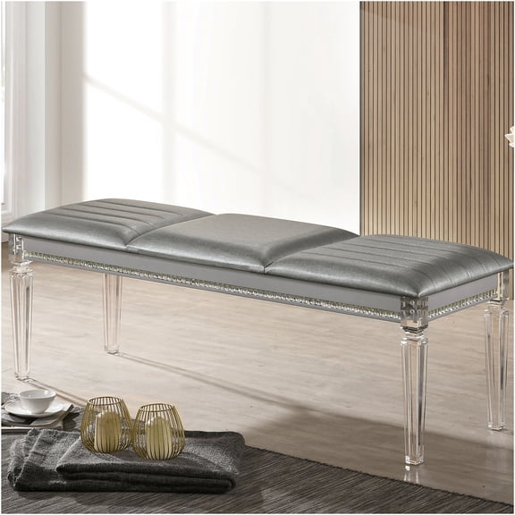 JERFIT Silver Glamour Bench with Crystal and Mirror Accents, Acrylic Legs Contemporary Bedroom Seat for Dressing Room