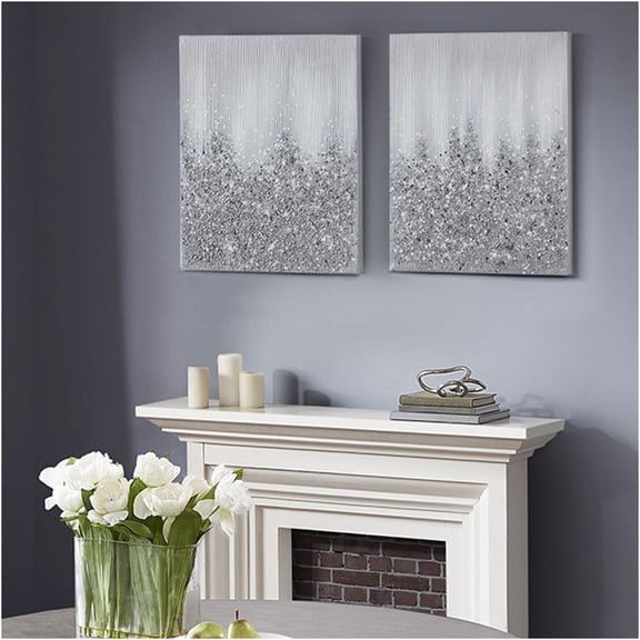 JERFIT Silver Glitter Abstract Wall Art Set of 2, 22x28 Inch Hand Textured Canvas with Rock Embellishments for Modern Home Decor