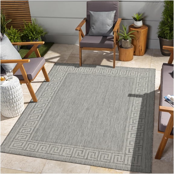 JERFIT Silver Indoor Outdoor Area Rug, 7x10 Flatweave Polypropylene Rug, Waterproof Patio Carpet for Deck, Poolside, Living Room, Easy Clean, Reversible