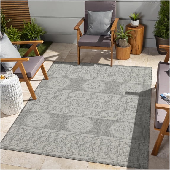 JERFIT Silver Indoor Outdoor Rug 7x10, Modern Polypropylene Area Rug for Patio, Deck, Poolside, Entryway, Stain Resistant Easy Clean Reversible Flatweave