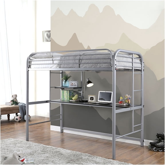 JERFIT Silver Metal Loft Bed with Built-In Desk Shelves, Space-Saving Study Station, Full Metal Frame with Reinforced Safety Rails, Easy Assembly