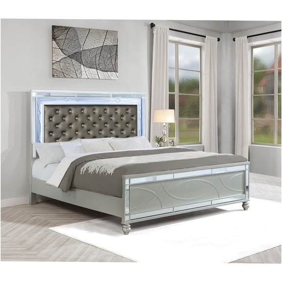 JERFIT Silver Metallic Upholstered King Size Bed with LED Headboard and Tufted Panel Design