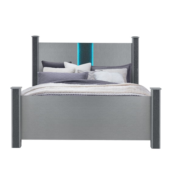 JERFIT Silver Queen Size Bed Frame with Built-in Bluetooth Speakers, Four Poster Glittered Upholstered Platform Bed, Modern Bedroom Furniture