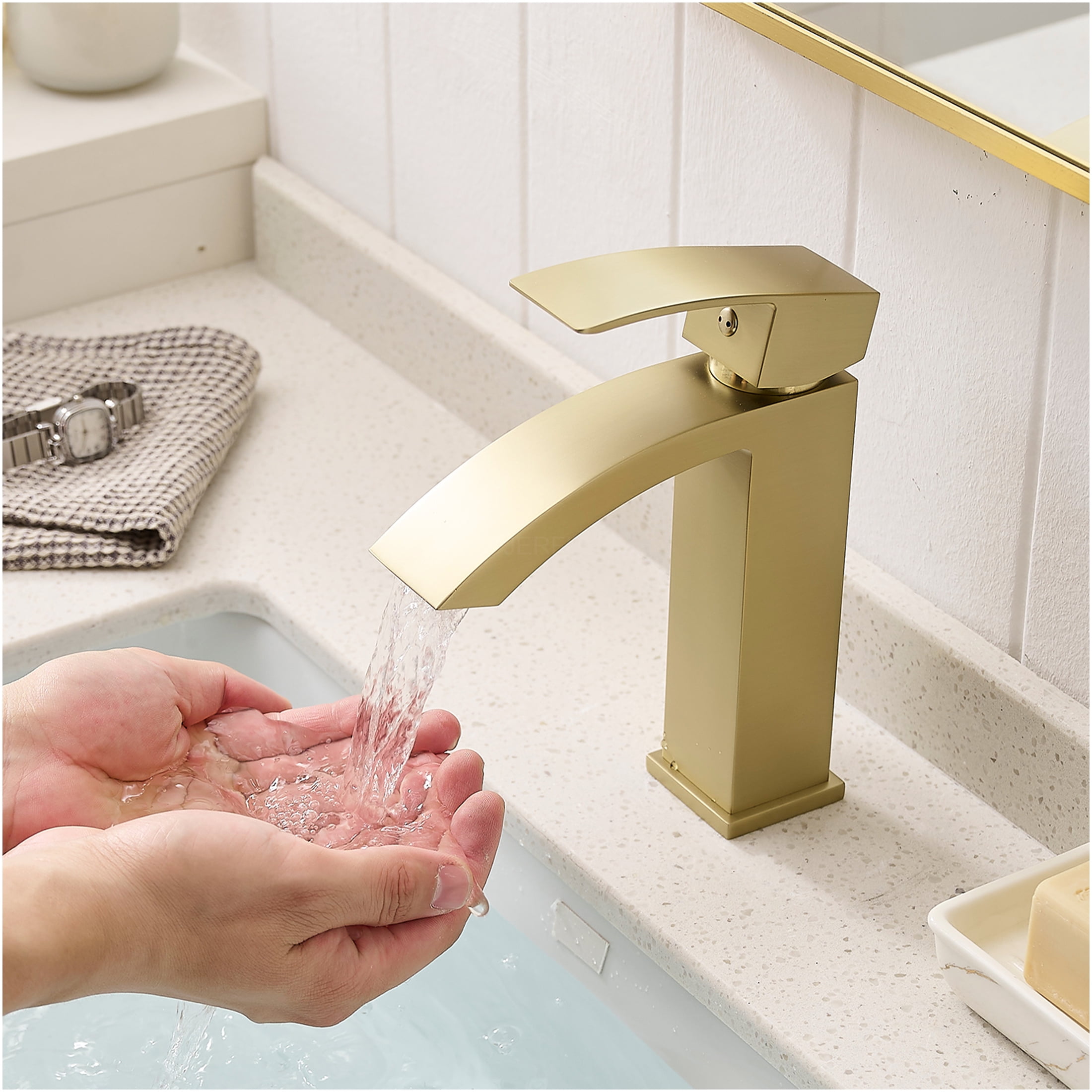 JERFIT Single Handle Bathroom Sink Faucet, Brushed Gold Modern Waterfall Vanity Basin Faucet, Single Hole Vessel Lavatory Faucet with Ceramic Cartridge for Bath Powder Room