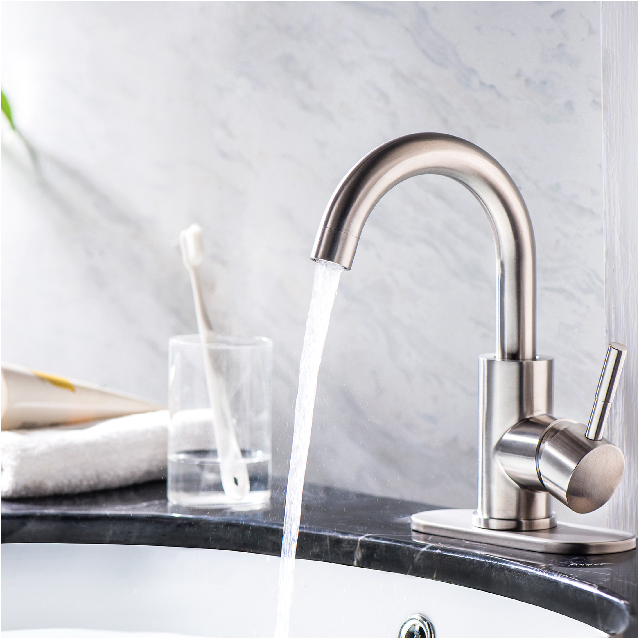 JERFIT Single Hole Bathroom Faucet, Brushed Nickel Finish, Single Handle Low Arc Vessel Sink Faucet for Bathroom Vanity, 4” Centerset, Ceramic Cartridge, Easy Install