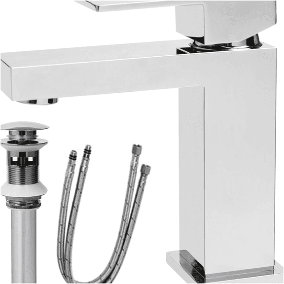 JERFIT Single Hole Bathroom Faucet with Drain, Modern Square Vanity Sink Faucet in Polished Chrome, Solid Brass Single Handle Water Saving Design for Contemporary Bathroom